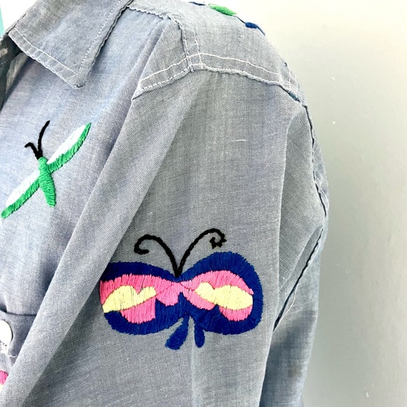 Vintage 70’s embroidered chambray button down novelty shirt top blouse workwear - Picture 5 of 11
